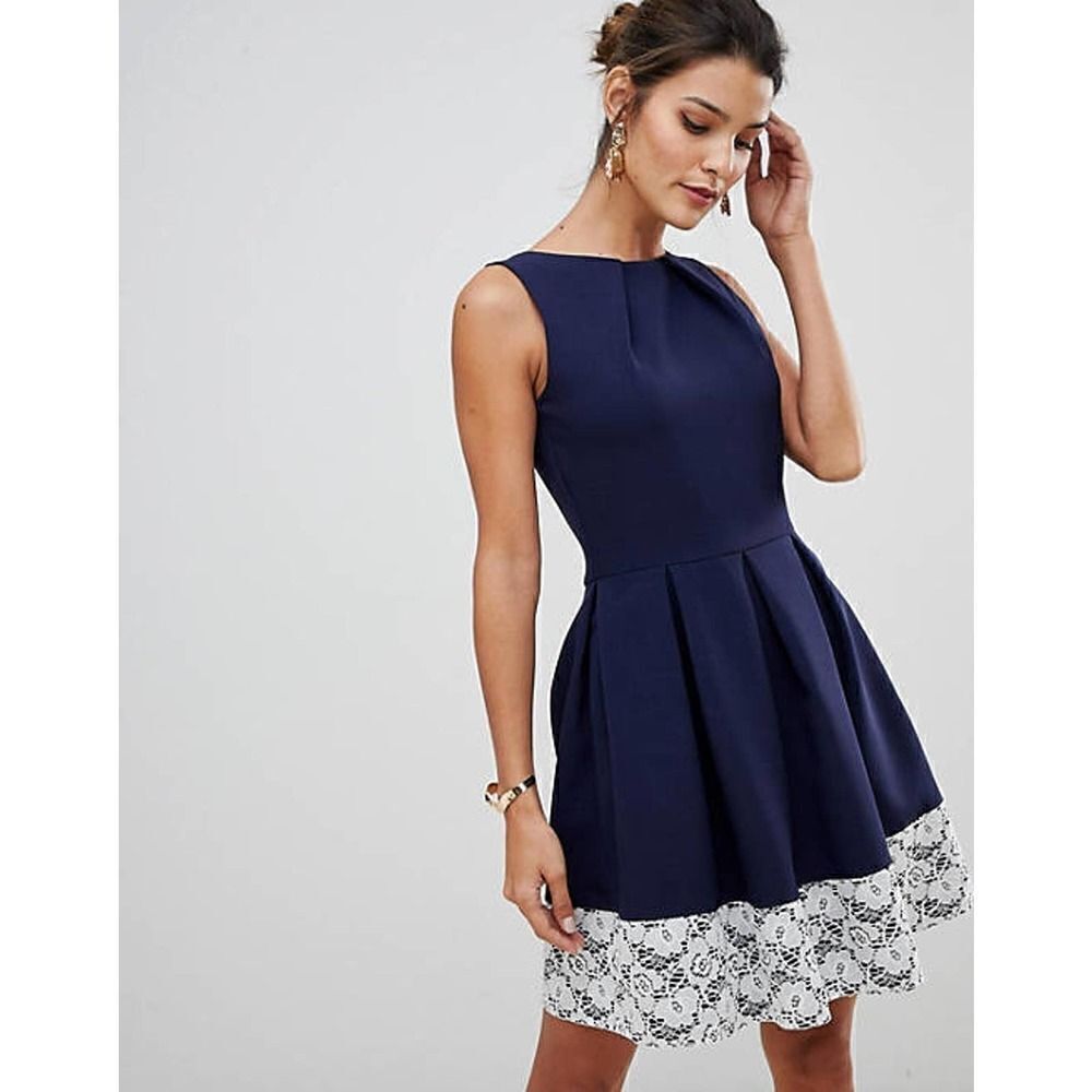 CLOSET London Navy tweed knit lace hem pleated mini dress size 12